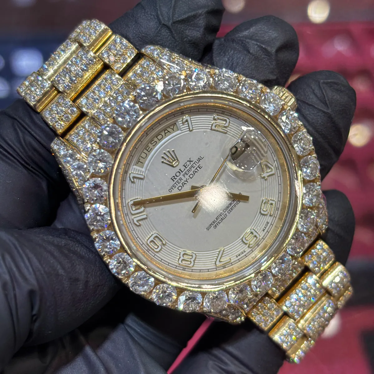 ANKUR - For Him WATCHES Rolex Day-Date II 41mm | 18K Yellow Gold | White Roman Dial Iced Out Bezel – Watch