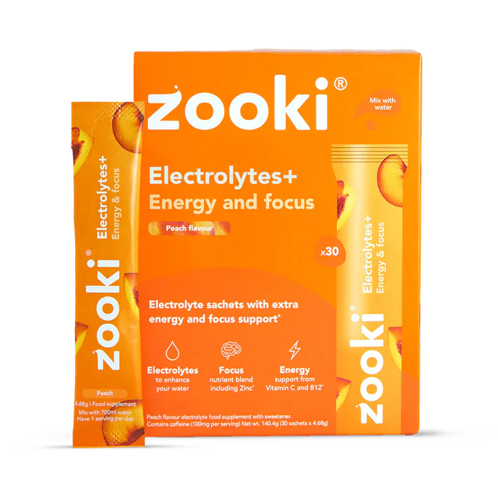 Zooki Electrolytes+ Energy & Focus, Peach Flavour 30 Sachets