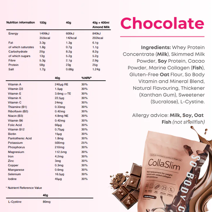 So Body Co. So Body Co CollaSlim Meal Replacement Shake with Added Marine Collagen Chocolate 40g X 20 Meals detail 3