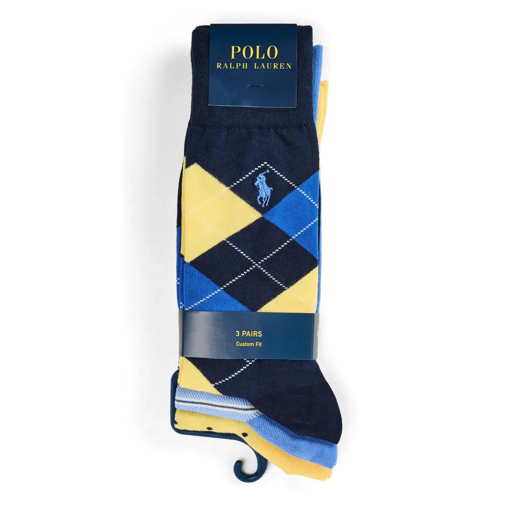 Polo Ralph Lauren Mens 3-Pack Oxford Crew Socks in Nvy/Yellow/Blue, additional product view 3