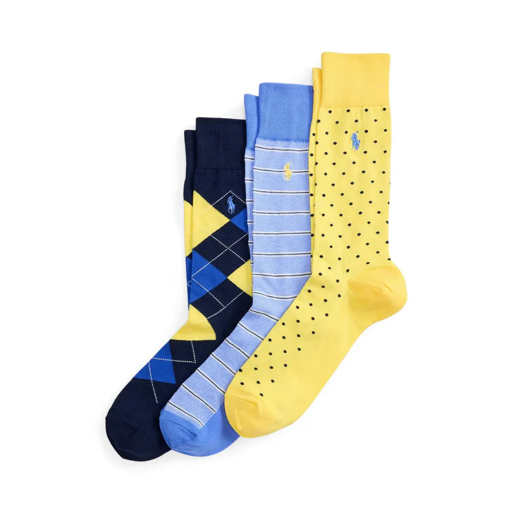 Polo Ralph Lauren Mens 3-Pack Oxford Crew Socks in Nvy/Yellow/Blue – Accessories