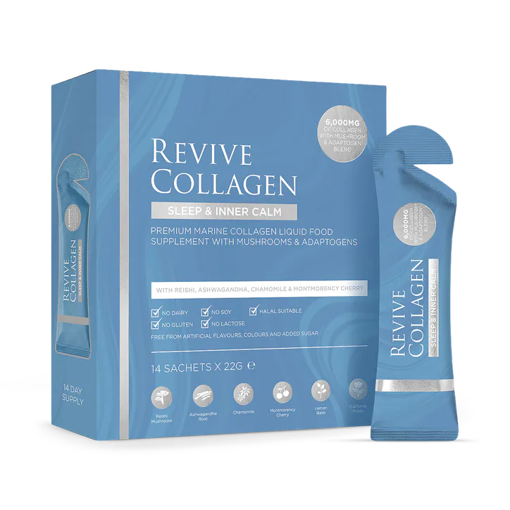 Revive Collagen Sleep & Inner Calm Functional Mushroom & Adaptogen Blend with 6,000mg of Type 1 Hydrolysed Marine Collagen 14 x 22g Sachets.