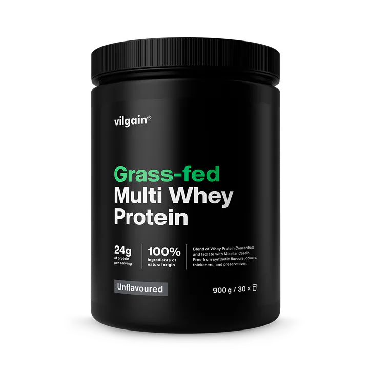 Vilgain Grass-Fed Multi Whey Protein Unflavoured 900 g| 3 Protein Sources for Extended Release | Digestive Enzyme Complex | Natural Stevia Sweetened Shake | Low Sugar & Fat | 23g Protein