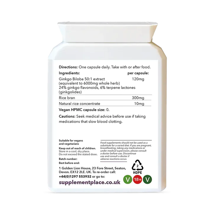 Supplement Place Ginkgo Biloba 120mg | Equivalent to 6,000mg | 60 Capsules, additional product view 2