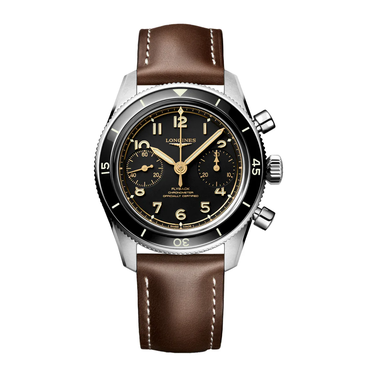 Longines Spirit Pilot Flyback Chronograph 39.5mm Mens Watch Leather Black