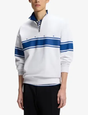 HUGO Striped Half-Zip Cotton Sweatshirt in WHITE, additional product view 3