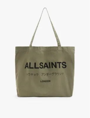 ALLSAINTS Underground logo-print cotton tote bag - NORI GREEN/BLA detail 2