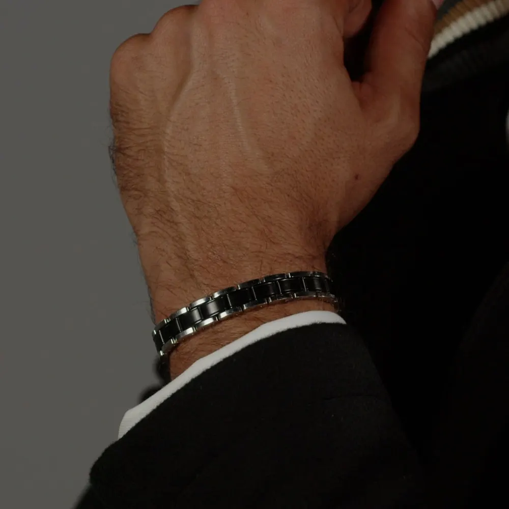 BOSS Gents BOSS Silver Tone & Black Plated Link Bracelet detail 2