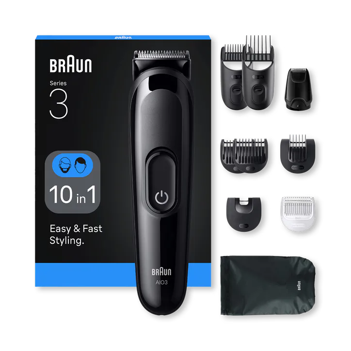 BRAUN All-in-One Series 3, 10in1 Grooming Kit, Sharp Blade, 14 Lengths, AIO3560, Black