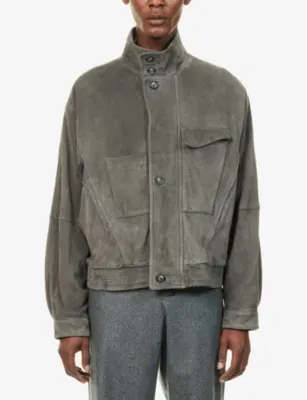 GIORGIO ARMANI Stand-Collar Multi-Pocket Suede Jacket in GUNMETAL, additional product view 3