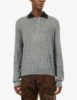 MARNI Logo-Embroidery Long-Sleeve Wool Polo Knit detail 3