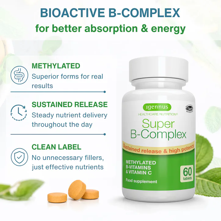 Igennus Healthcare Nutrition Super B-Complex with Active Methylated B Vitamins & Vitamin C, 60 Tablets detail 2