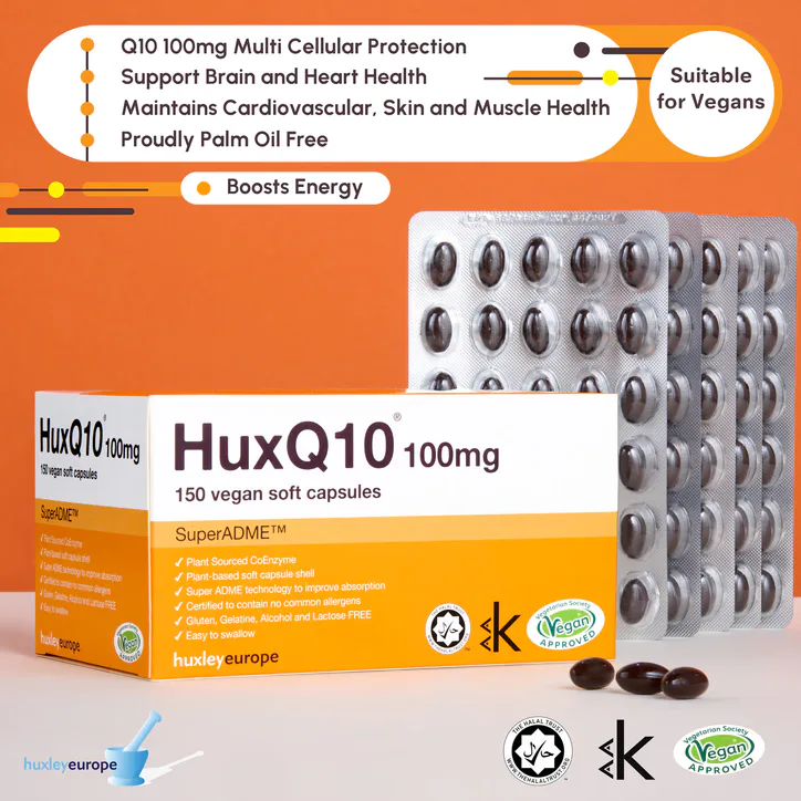 Huxley Europe HuxQ10 100mg CoEnzyme Q10 150 vegan soft capsules, additional product view 2