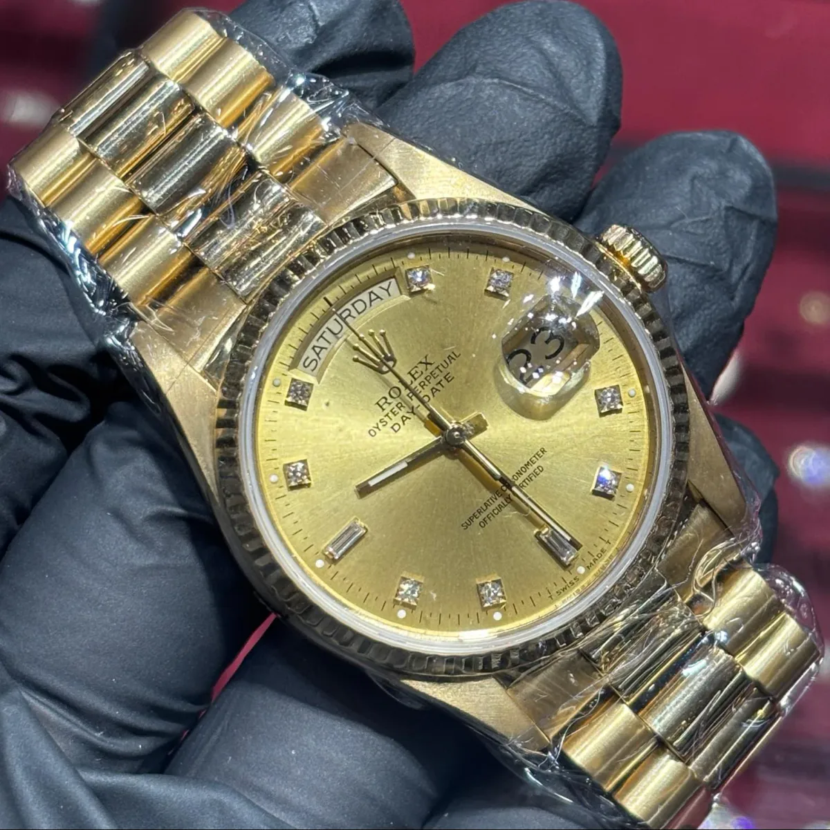 ANKUR - For Him WATCHES Rolex Day-Date 36mm | 18K Yellow Gold | Champagne Baguette Diamond Dial – Watch