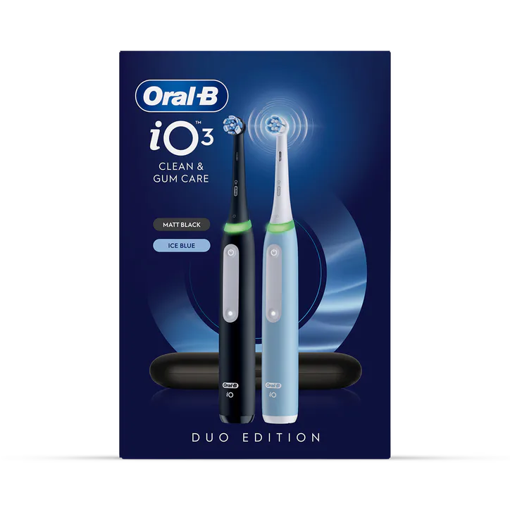 ORAL-B iO 3 Electric Toothbrush, 2-Pack, Black & Blue, 2 Brush Heads, Travel Case