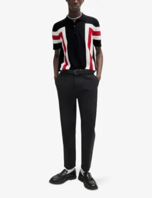 HUGO Button-neck short-sleeve stripe cotton polo in BLACK, additional product view 2