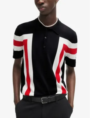HUGO Button-neck short-sleeve stripe cotton polo in BLACK, additional product view 3