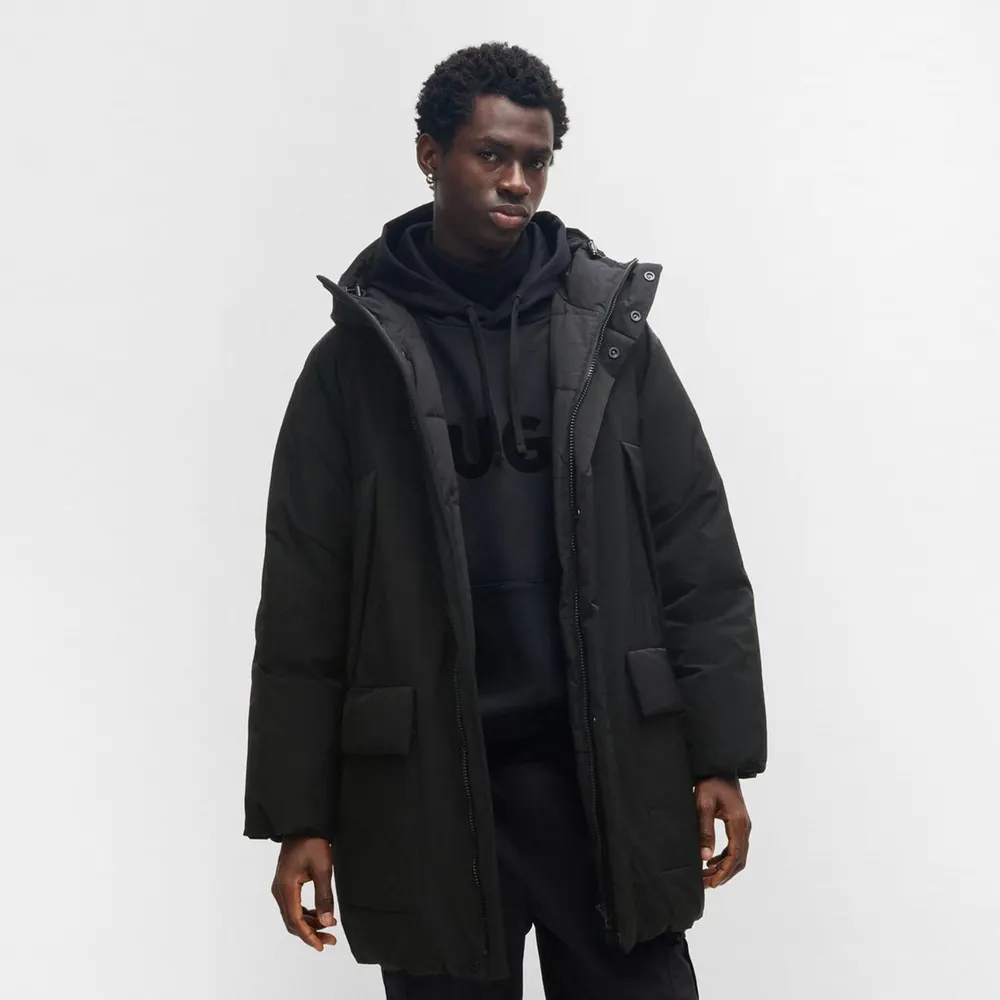 Hugo Men's Mandev Water Repellent Thigh Length Short Puffer Jacket in Black 001, additional product view 3