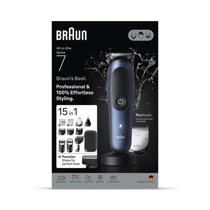 BRAUN All-in-One Series 7, 15in1 Grooming Kit, ProBlade, AutoSense, AIO7580, Blue