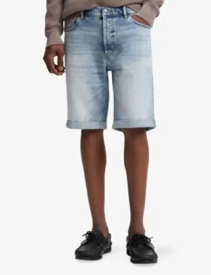 HUGO Tapered-Fit Mid-Rise Stretch-Denim Shorts in Bright Blue, additional product view 3