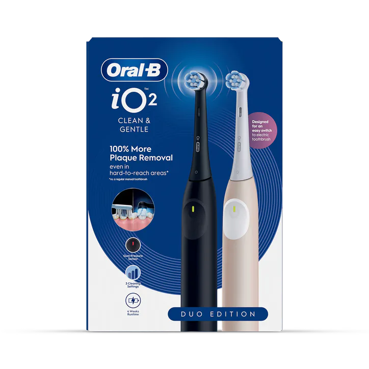 ORAL-B iO 2 Electric Toothbrush, 2-Pack, Black & Pink, 2 Brush Heads, Travel Case