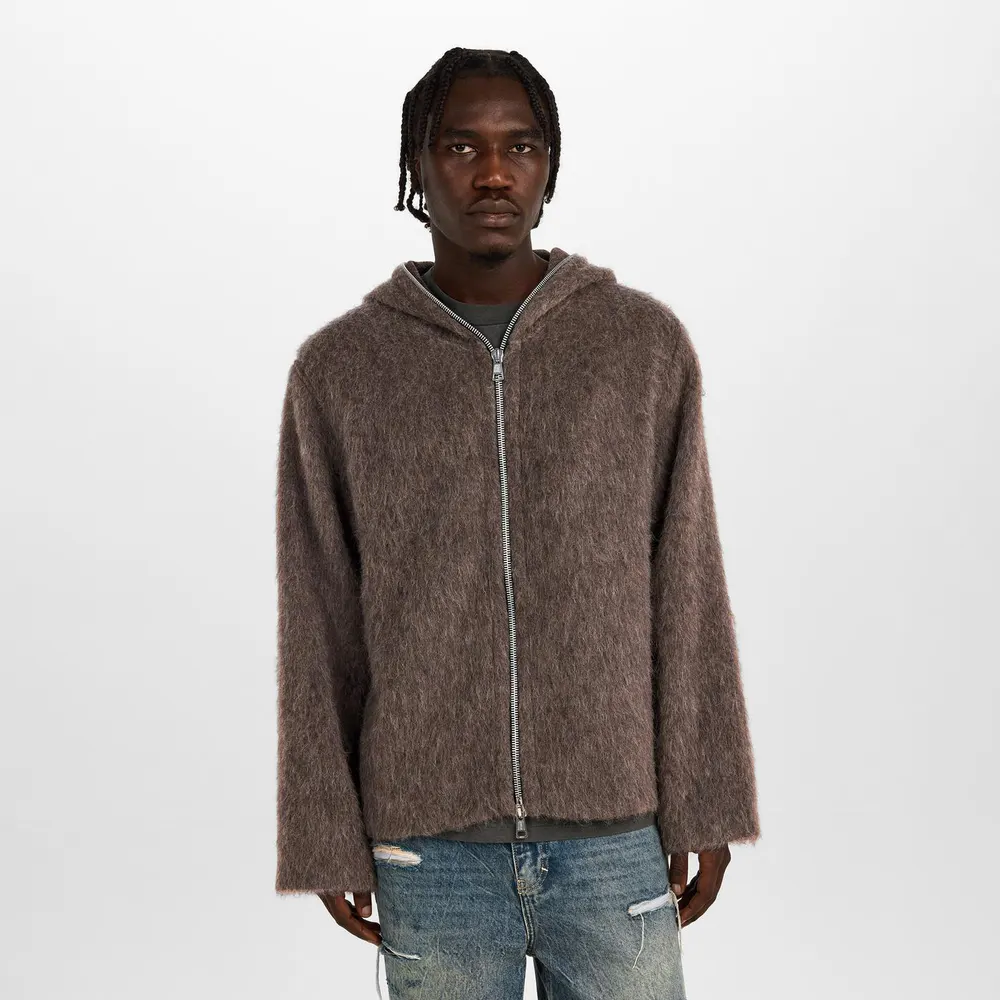 Our Legacy Men's Full Zip Knitted Hoodie in Mole Grey, additional product view 3