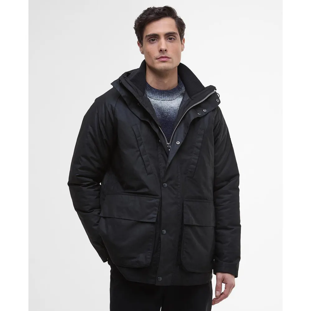Barbour International Men's Oakdale Hooded Long Sleeve 4 Pockets Full Zip Wax Jacket detail 2