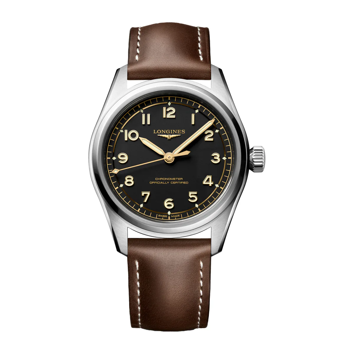 Longines Spirit Pilot 3 Hands 39mm Mens Watch Leather Black
