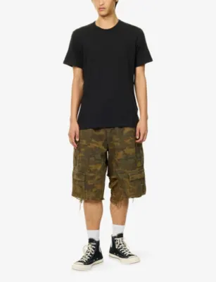 1886 Distressed Camo Cotton Denim Shorts in CAMOUFLAGE GREEN, additional product view 2
