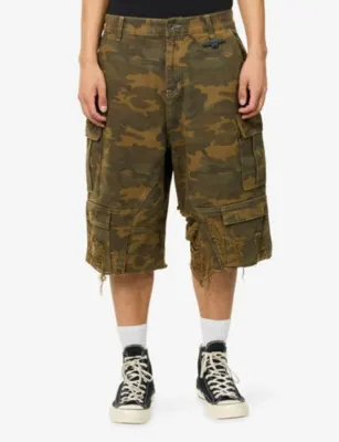 1886 Distressed Camo Cotton Denim Shorts in CAMOUFLAGE GREEN, additional product view 3