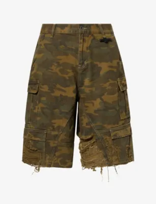 1886 Distressed Camo Cotton Denim Shorts