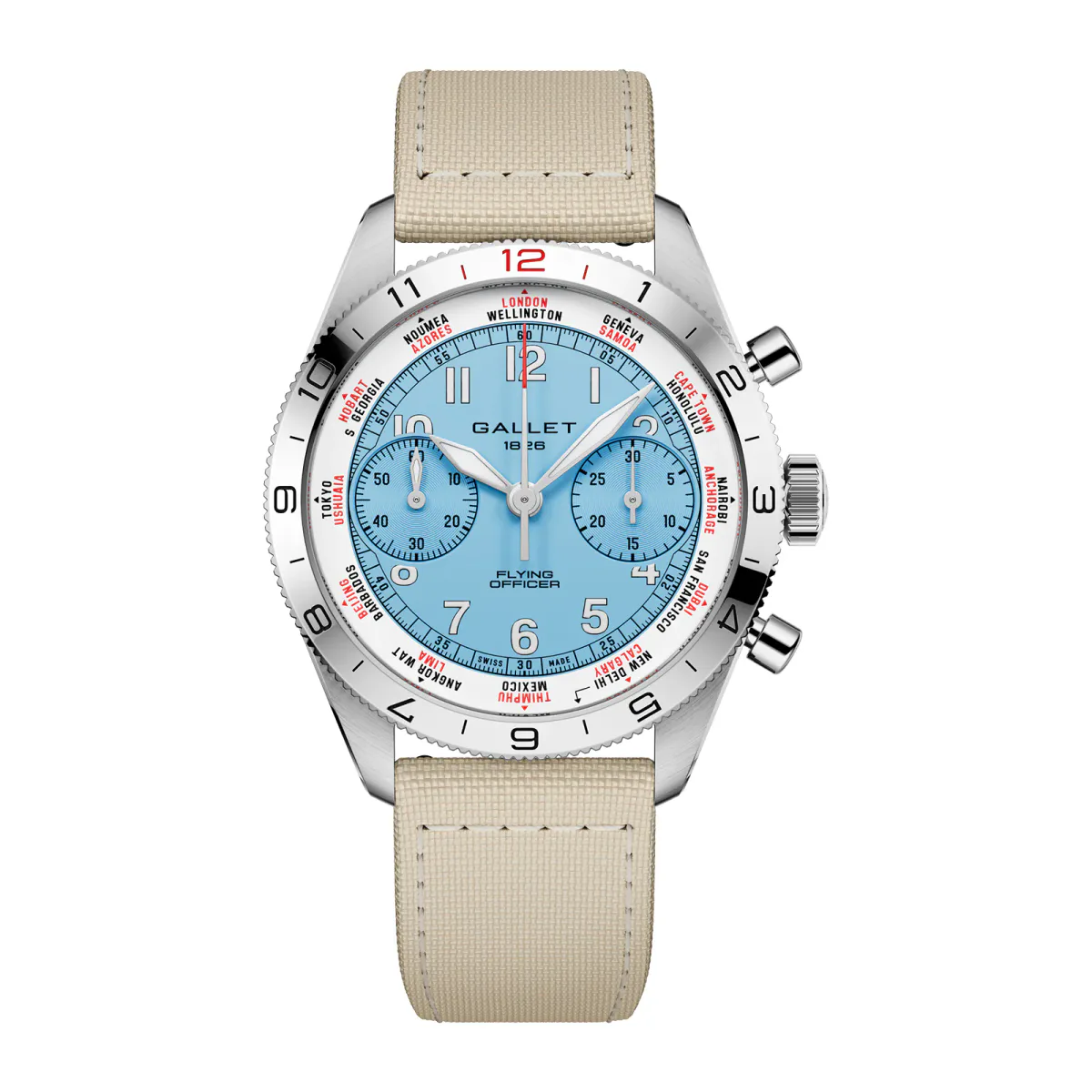 Gallet Flying Officer Chronograph Automatic 40mm Unisex Watch Sky Blue Dial Fabric