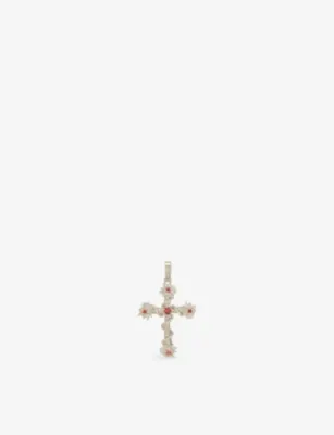 GLD Ruby Iced Spiked Cross Rhodium-Plated Pendant