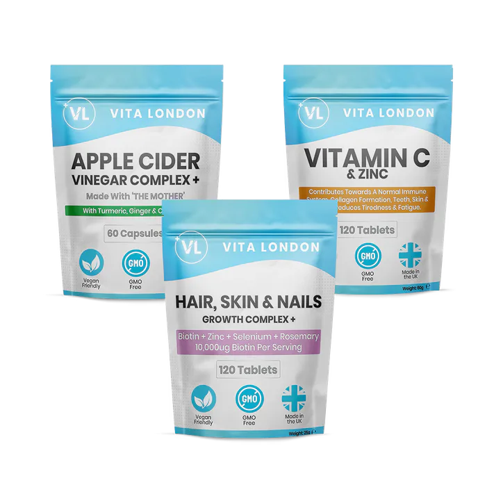 Vita London 3pk Glow Up Bundle - Apple Cider Vinegar Capsules - Biotin Hair, Skin & Nails - Vitamin C & Zinc Tablets