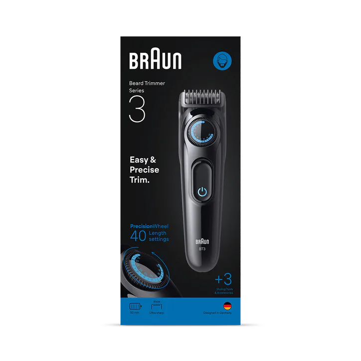 BRAUN Beard Trimmer Series 3, +3 Styling Tools, 40 Lengths, Sharp Blade, BT3520, Black