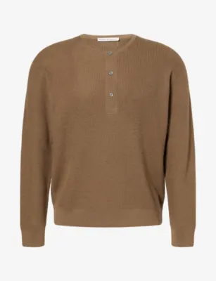 STUDIO NICHOLSON Sn Knitwear Henley Extra Fine Merino And Cashmere Jumper in BARK – Mens | Knitwear | Jumpers