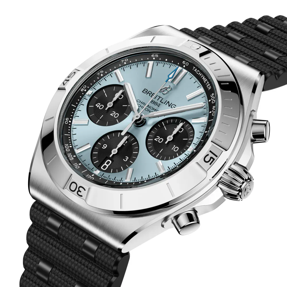 Breitling Chronomat B01 Chronograph 42mm Mens Watch Ice Blue Rubber detail 2