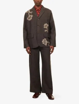 KARTIK RESEARCH Herringbone Embroidered Single-Breasted Linen Jacket in DARK BROWN, additional product view 2