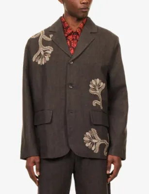 KARTIK RESEARCH Herringbone Embroidered Single-Breasted Linen Jacket in DARK BROWN, additional product view 3