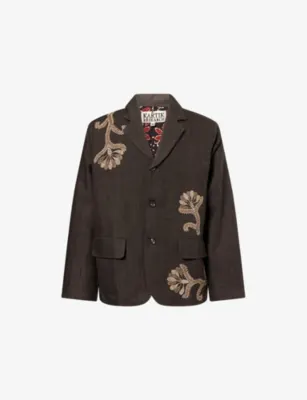 KARTIK RESEARCH Herringbone Embroidered Single-Breasted Linen Jacket in DARK BROWN – Mens | Blazers | Formal blazers