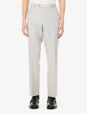 OSCAR JACOBSON Checked Regular-Fit Linen-Blend Trousers detail 3