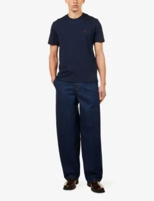 AMI PARIS Logo-Embroidered Cotton T-Shirt - Vert Bouteille/noir detail 2