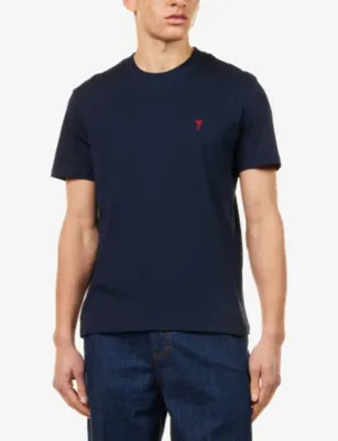 AMI PARIS Logo-Embroidered Cotton T-Shirt - Vert Bouteille/noir detail 3