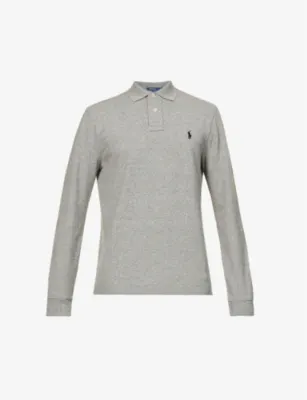 POLO RALPH LAUREN Long-sleeved logo-embroidered custom slim-fit cotton-piqué polo shirt - CANTERBURY HTHR