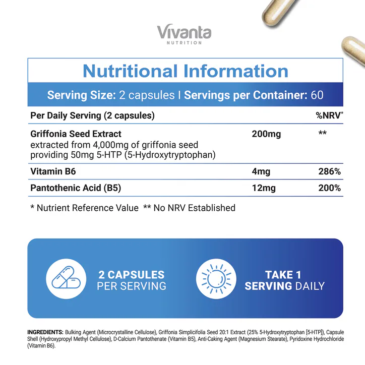 Vivanta Nutrition 5HXT Pro 200mg - 5-HTP Supplement with Vitamin B6 - 120 Vegan Capsules detail 2