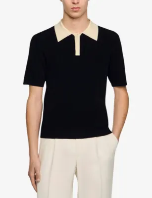 SANDRO Contrast-collar stretch-knit polo shirt detail 3