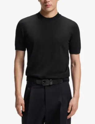 BOSS Short-Sleeved Knitted Wool T-Shirt in BLACK, additional product view 3