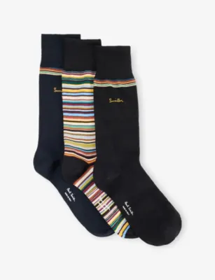 PAUL SMITH Signature Gold Striped 3-Pack Cotton-Blend Socks