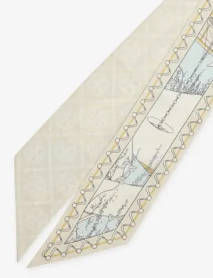TORY BURCH The Pool Graphic-Print Silk-Twill Ribbon Scarf in The Pool Beige, additional product view 2