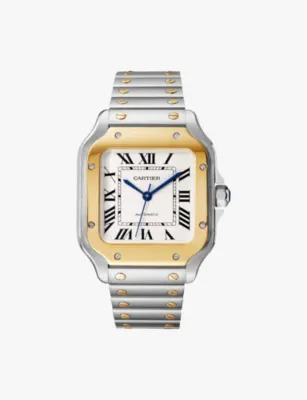 CARTIER CRW2SA0016 Santos de Cartier medium model stainless-steel, 18ct yellow-gold and interchangeable leather strap automatic watch
